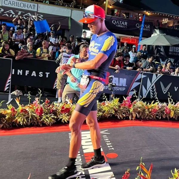 Coach Ige Lopez at the finish of the IRONMAN World Championship in Kona, 2022