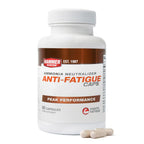 A white bottle of Hammer Nutrition Anti-Fatigue Caps with a brown and white label, shown on a white background with three capsules in front.