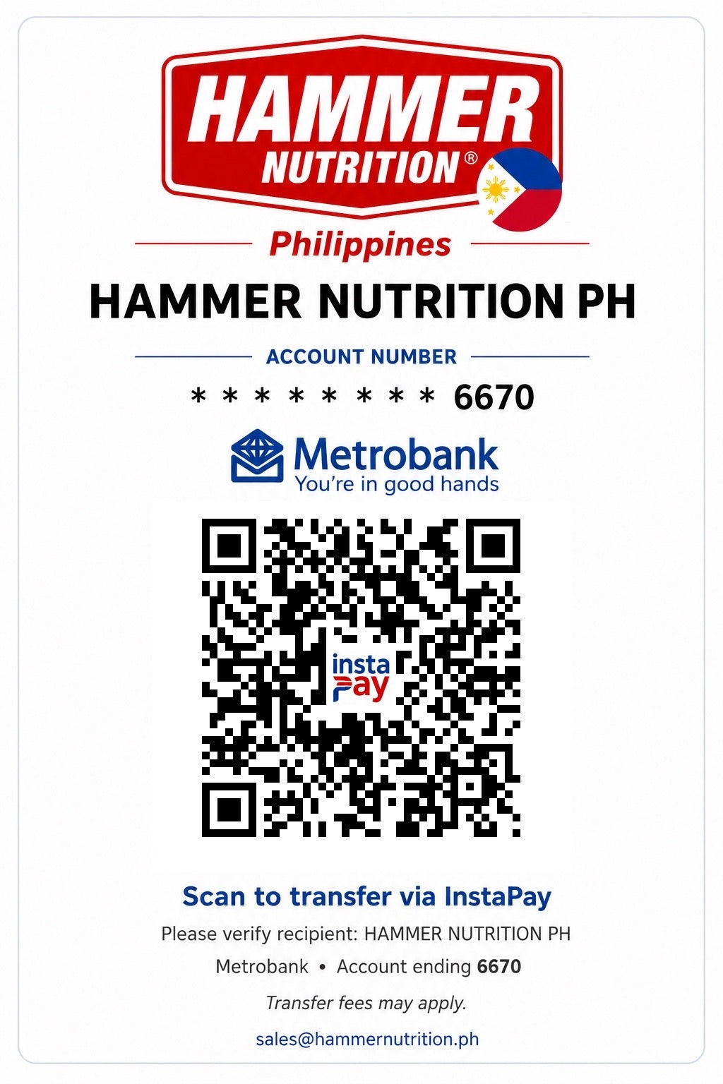 Hammer Nutrition PH InstaPay QR code, Metrobank account ending 6670