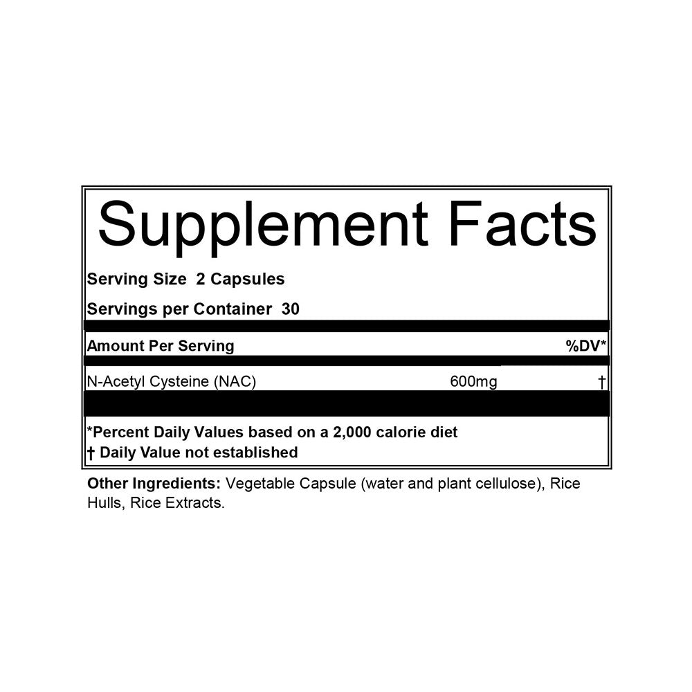 Supplement facts label with N-Acetyl Cysteine (NAC) on a white background
