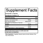 A supplement facts label showing a nutrition panel with serving size 2 capsules, 30 servings per container, and listed ingredients including Vitamin C, Folic Acid, Molybdenum, Luteolin, and Celery Seed Extract 4:1.