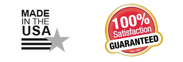 Two promotional badges on a white background: a black 'MADE IN THE USA' graphic with a gray star and stripes, and a red circular '100% Satisfaction GUARANTEED' badge with a gold outline.