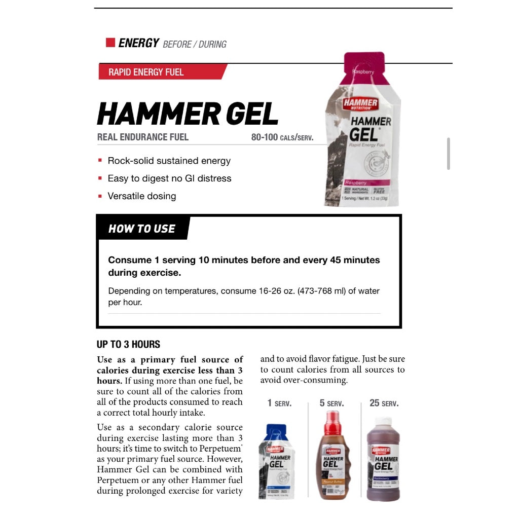Hammer Gel how to use guide, one serving 10 minutes before and every 45 minutes during exercise
