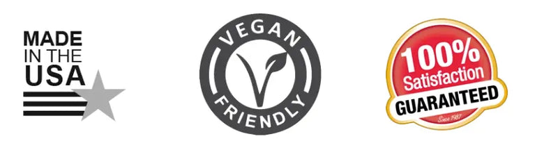 Three graphic badges on a white background: a black-and-white 'Made in the USA' emblem with a star, a circular gray 'Vegan Friendly' logo with a leaf, and a red-and-gold '100% Satisfaction Guaranteed' seal.